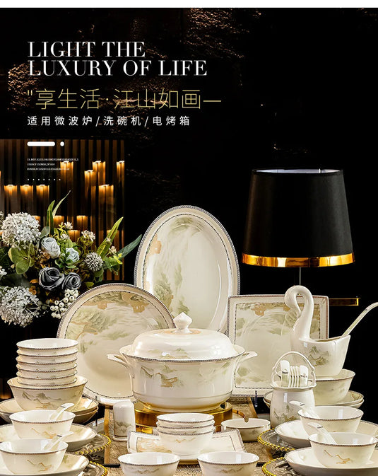 Jingdezhen dish set housewarming tableware set bowl and plate ceramic tableware set light luxury plate bowl