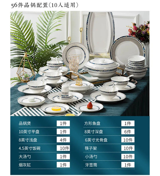 Coffret cadeau de vaisselle en céramique peinte à la main de luxe bleu glacier Jingdezhen Ensemble de bols et de baguettes en porcelaine de Chine chic