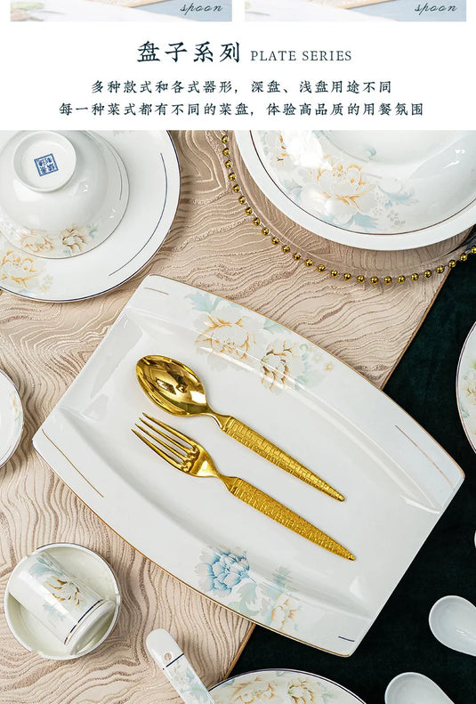 Jingdezhen Bone Porcelain Bowl and Dish Set, Light Luxury Ceramic Tableware Bowl and Chopstick Set