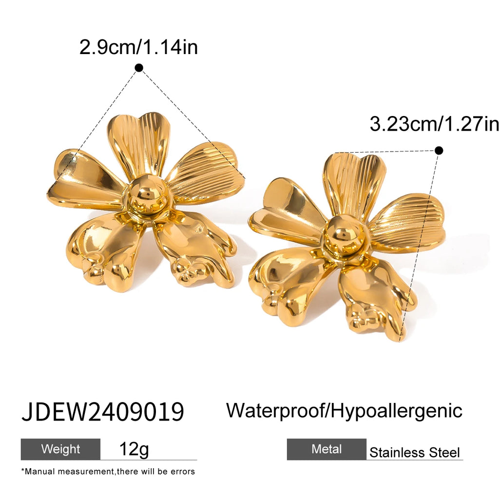 Boucles d'oreilles anneau à ouverture fleur côtelée en acier inoxydable plaqué or 18 carats, charmes pour femmes, texture métallique, bijoux étanches, cadeau de gala