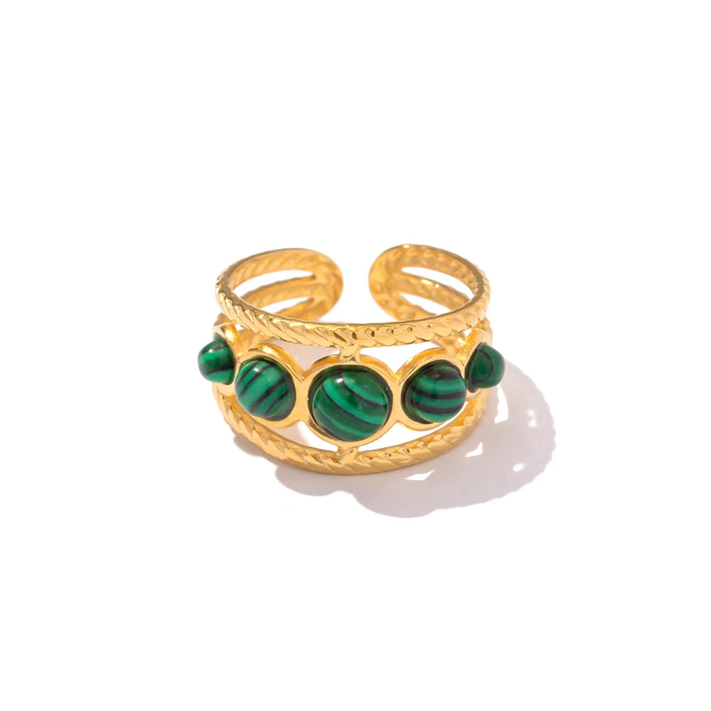 Water Proof PVD Gold Plated Stainless Steel Natural Malachite Stone Hollow Adjustable Rings Waterproof anillo acero inoxidable