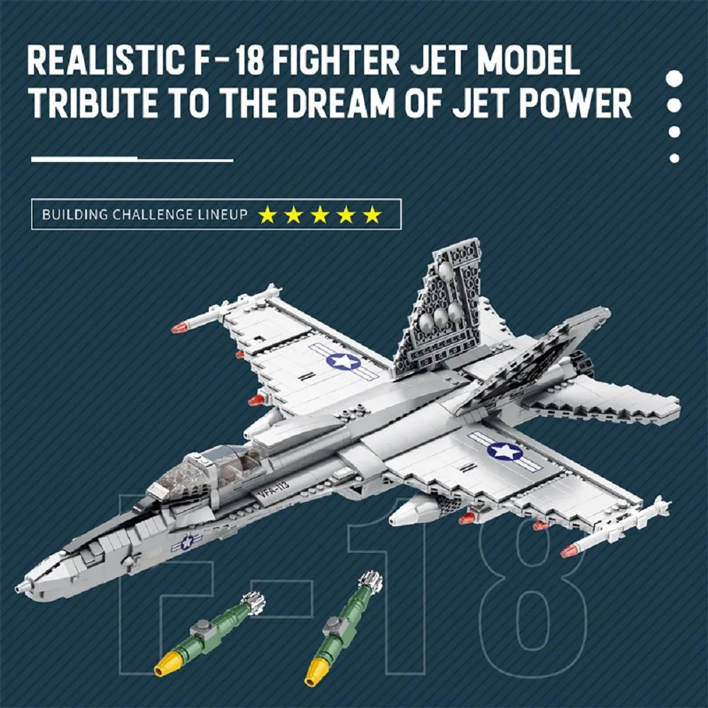 F-18 Strike Hornet Fighter Building Blocks Set, Jet Fighter Construction Kit, Military Toy Gift for Adults, Teens 14+, 1387 Pcs