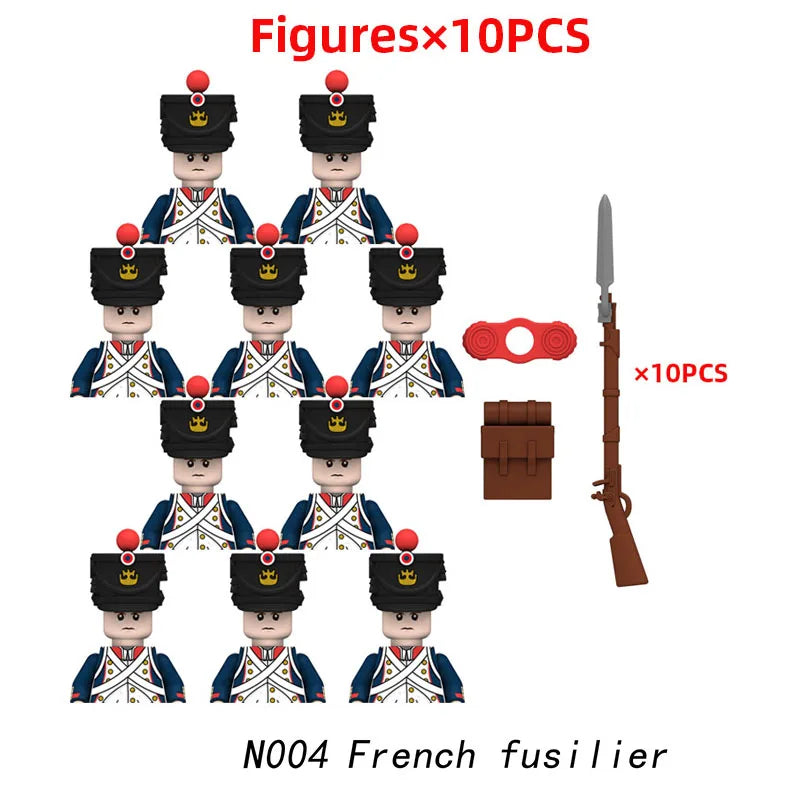 10pcs Napoleonic Wars Military Soldiers Building Blocks WW2 Mini Figures French British Fusilier Rifles Weapons Toys For Kids