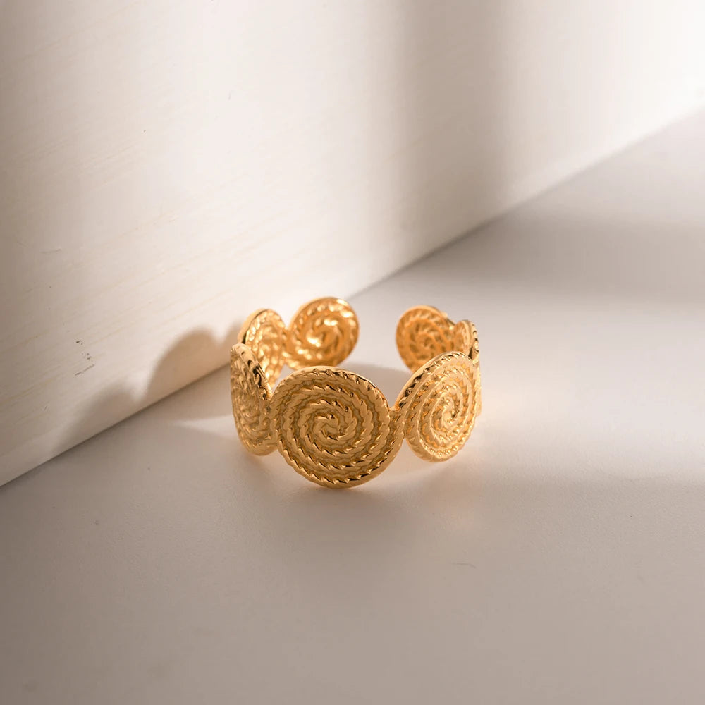 18K Goud Vergulde Verkleuringbestendige Roestvrijstalen Waterdichte Gesloten Schroefdraad Hennep Patroon Openingsring voor Vrouwen Vinger Sieraden