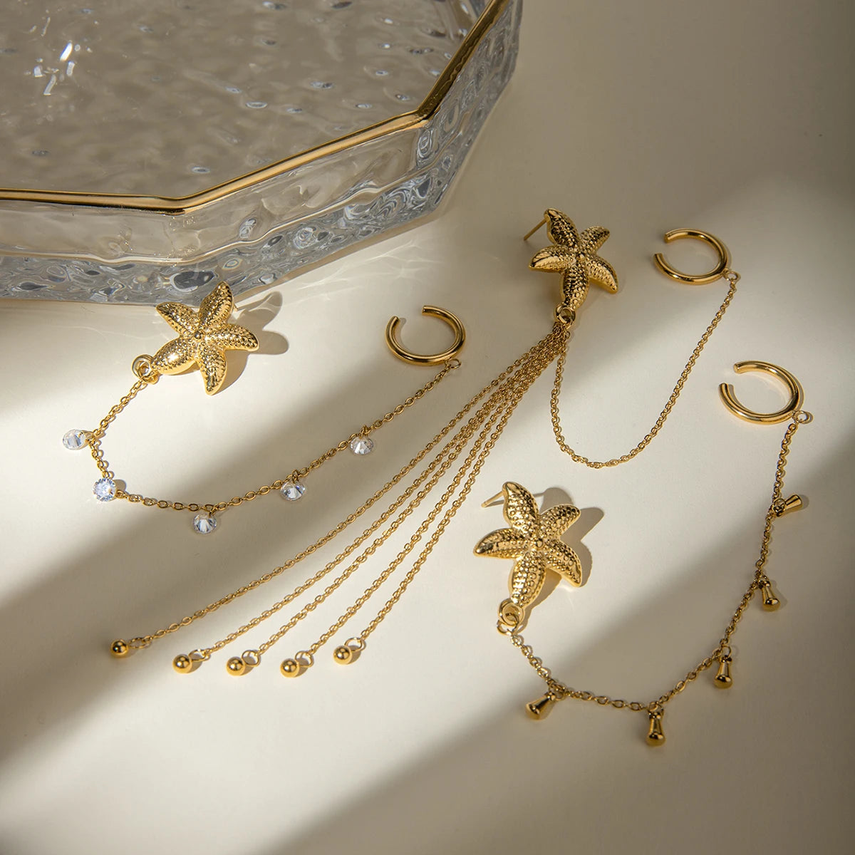 18K forgyldt udsøgt geometrisk rustfrit stålStarfish Multi Layer kvast Vanddråbe øreclips Dame Statement smykker