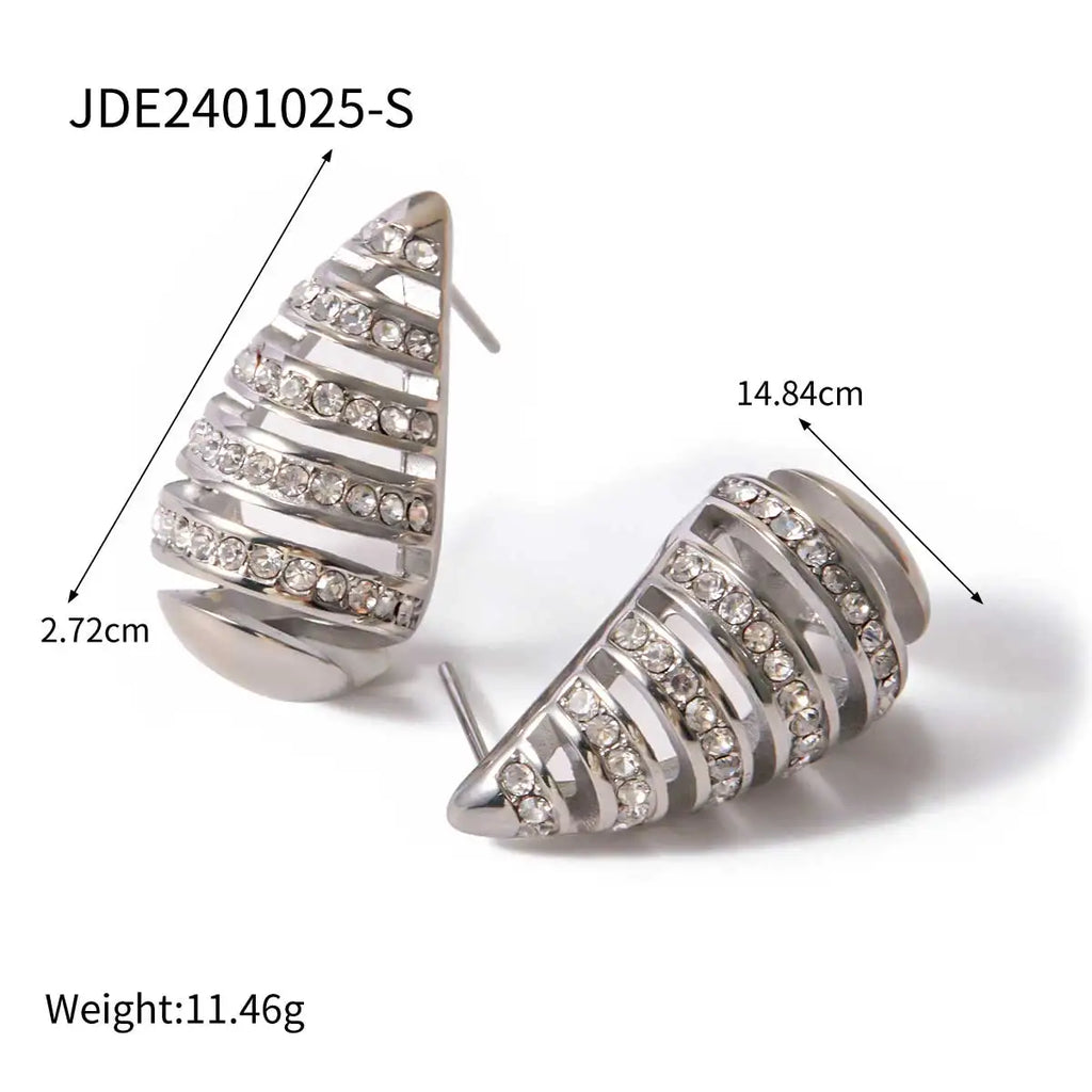 Orecchino a goccia d'acqua cavo striato minimalista placcato in oro 18k in acciaio inossidabile con strass incastonati, gioielleria europea di tendenza e di grande effetto