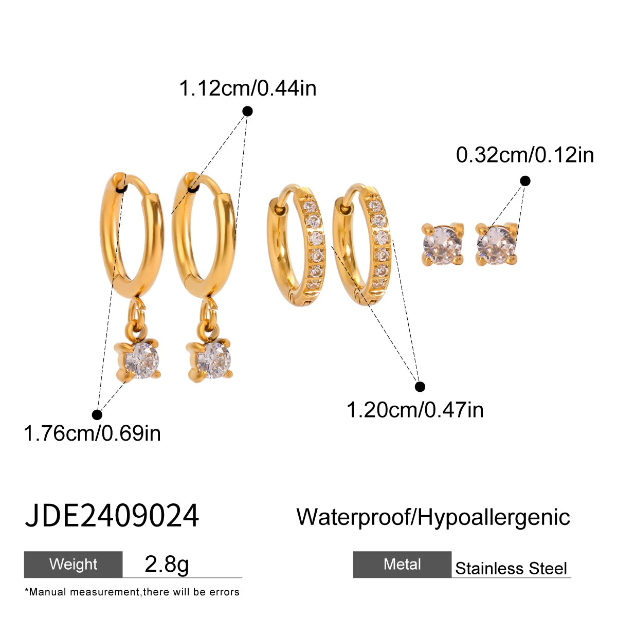 3 Pairs Per Card Stainless Steel White Rhinestone Earrings Women 18K PVD Plated Anti Allergic Rust Proof Jewelry