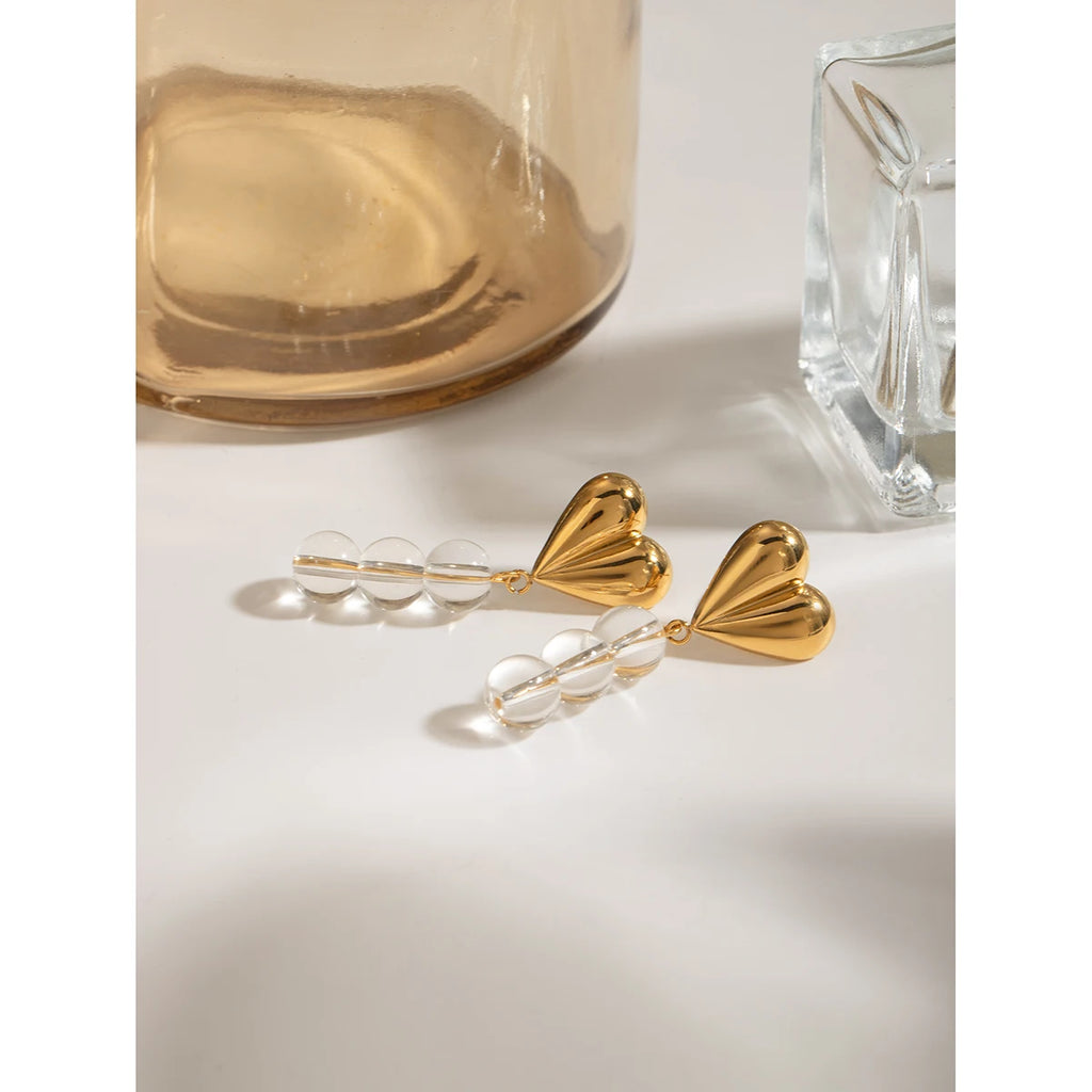 Stainless Steel Vintage Metal 18k Gold Plated Love Heart Hanging Glass Bead String Earrings Women Waterproof Romantic Jewelry