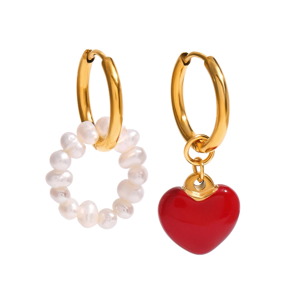 Boucles d'oreilles pour femmes en acier inoxydable, plaquées or 18 carats, perle d'eau douce, cœur à boucle rouge avec goutte d'huile, bijoux antirouille, déclaration