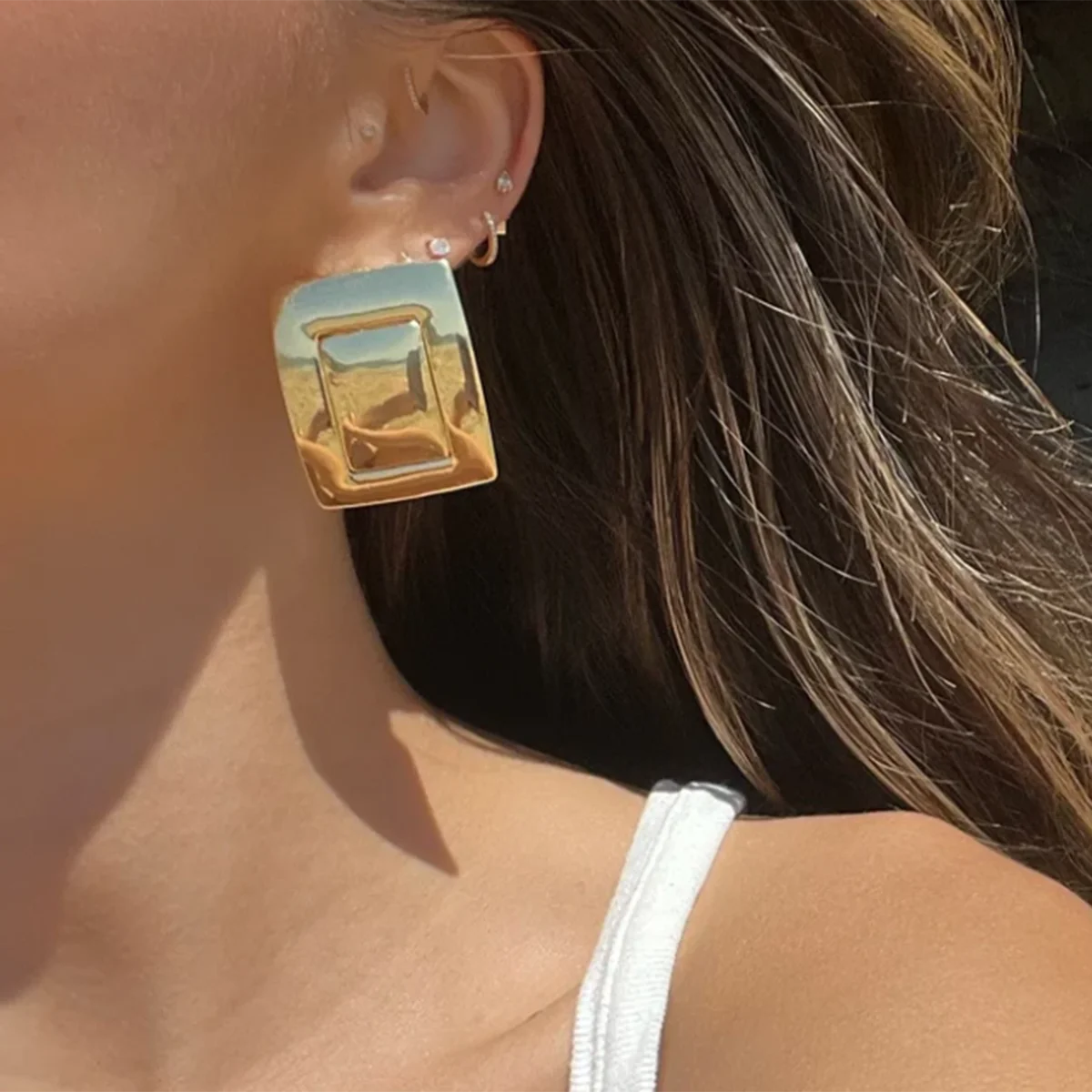 18K forgyldt minimalistisk erklæring rustfrit stål rektangulære matchende farve øreringe Kreative eksklusive personlige smykker