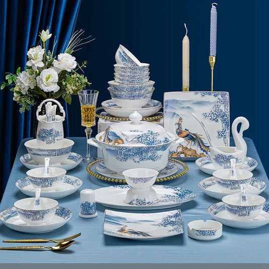 Ensemble complet de bols, plats et assiettes en céramique de Jingdezhen, ensemble de vaisselle en porcelaine bleue et blanche