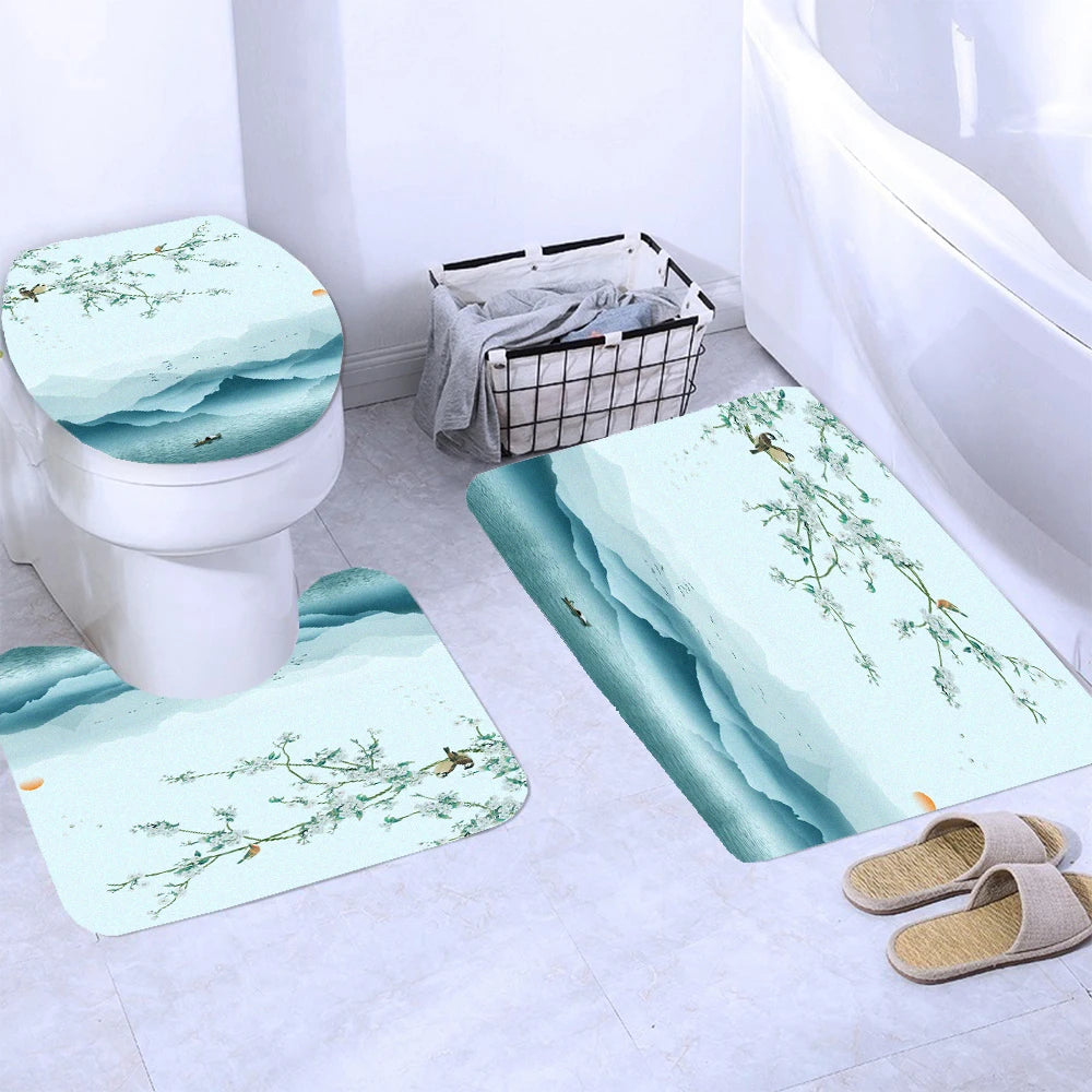 Chinese style Flowers and Birds Waterproof Shower Curtain Set Toilet Seat Cover Bath Non-Slip Mat Rug Carpet Bathroom Decor