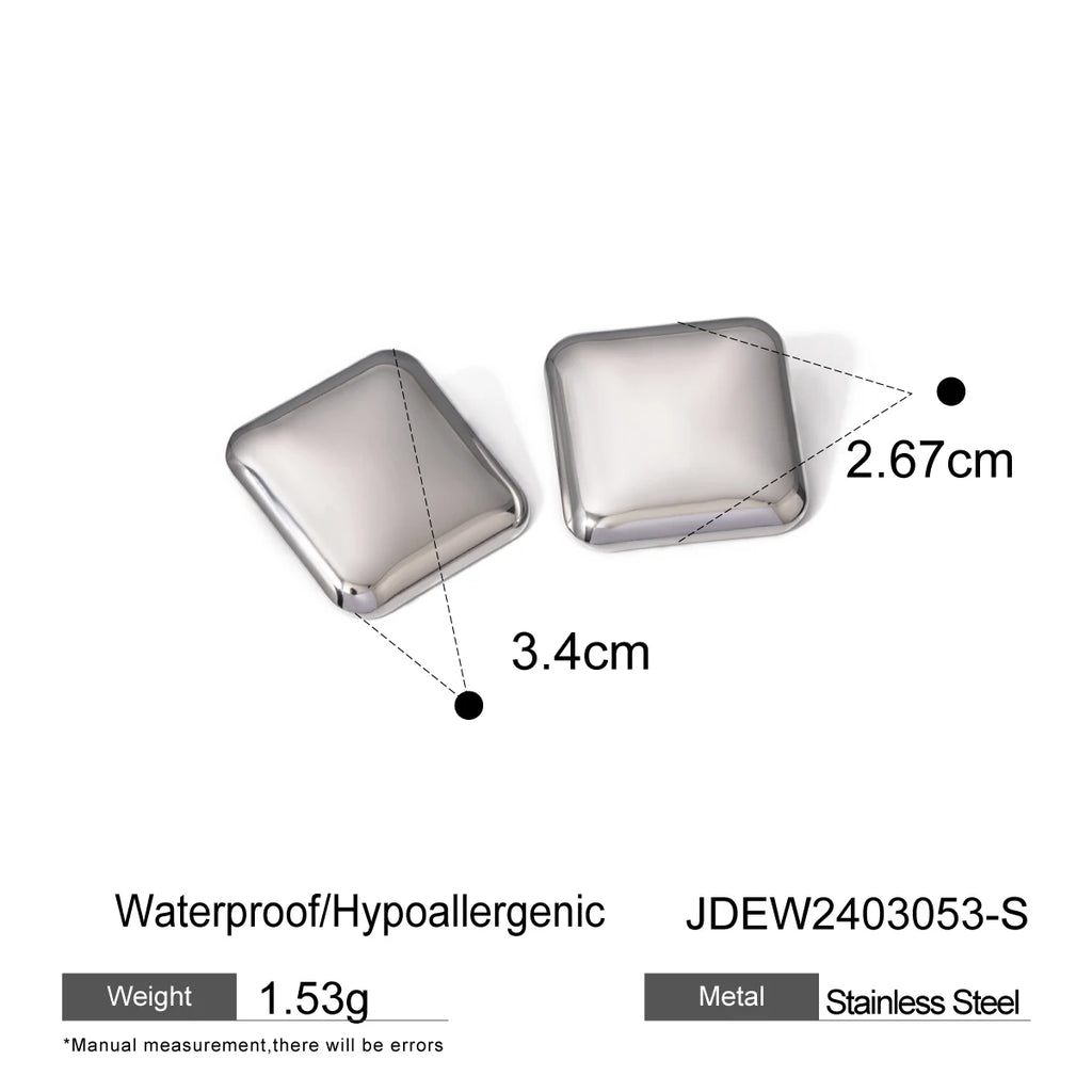 18K Square Smooth Stud Earrings for Women Stainless Steel Metal Texture Steel Color Waterproof Charm Sweet Jewelry Gift New