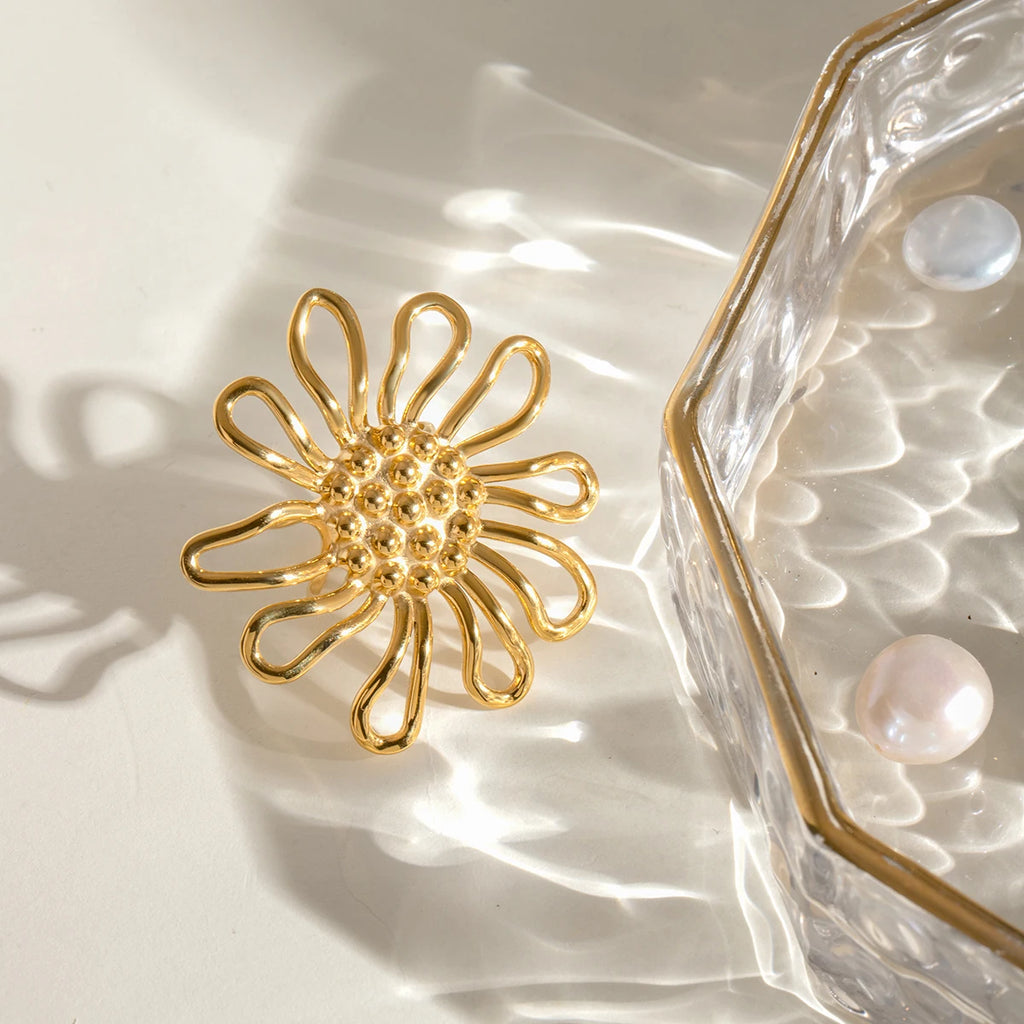 18K Goud Vergulde Fijne Hamerkorrel Holle Bloem Oorbellen Open Ring Dames Roestvrij Staal Minimalistische Charme Sieraden