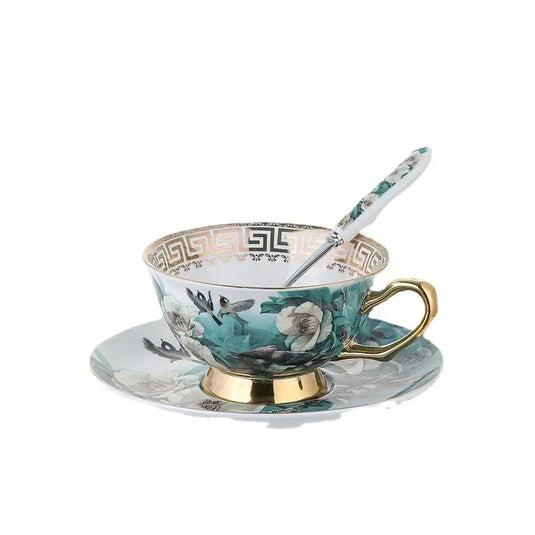 RICHMOND Exquisite European Style Bone China Coffee Cup Set - Luxurious Floral and Bird Motif Design with Gold Accents, Eco-Friendly, Elegant Gift Box, Perfect for Afternoon Tea or Coffee, Includes Decorated Spoon