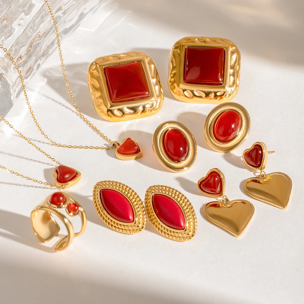 18k forgyldt rustfrit stål indlagt natursten rød agat øreringe Halskæde Armbånd serie Bijoux Femme vandtætte smykker