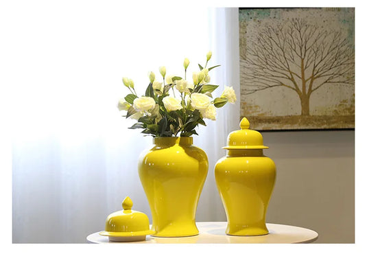 Vase décoratif chinois en céramique jaune pour arrangement floral avec couvercle, réservoir de rangement, décoration de la maison