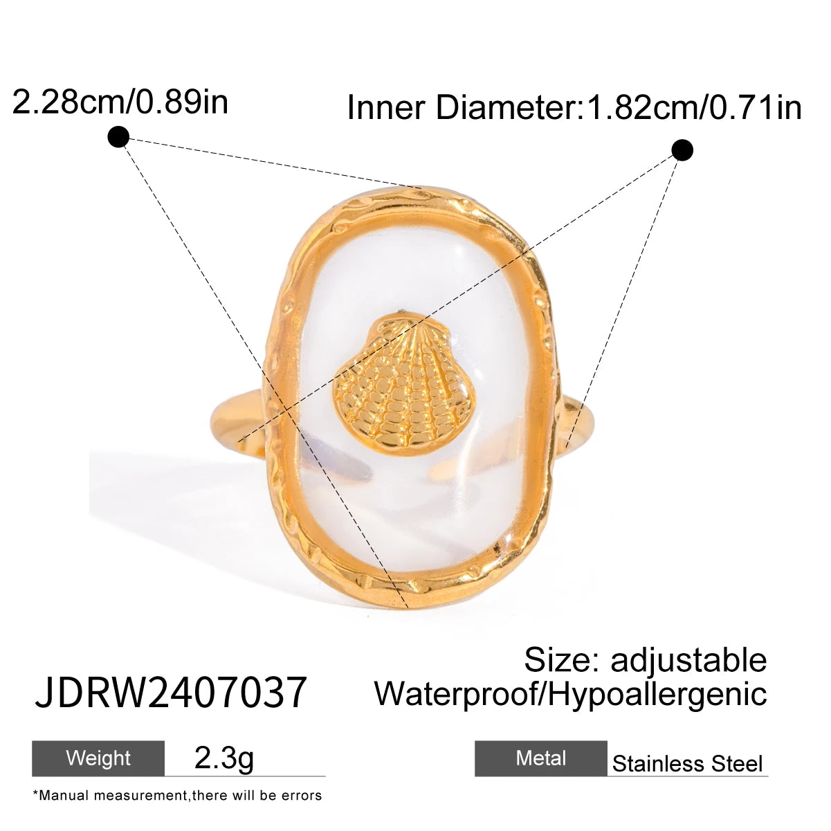 Ovaler 18K vergoldeter Edelstahl-Oval-Muschel-Skallop-Hammer-Offener-Endring für Damen, anti-allergischer Charme, täglicher Schmuck, Bijoux