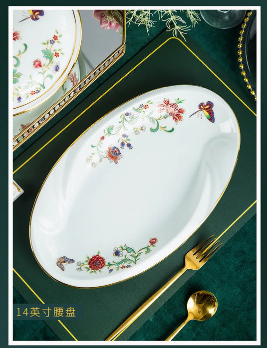 68 Piece Set Tableware Set Bowl and Dish 68 Piece Set Gilding Process Floral Butterfly Double Ear Pot Plate Spoon Stewing Cup Combination Set