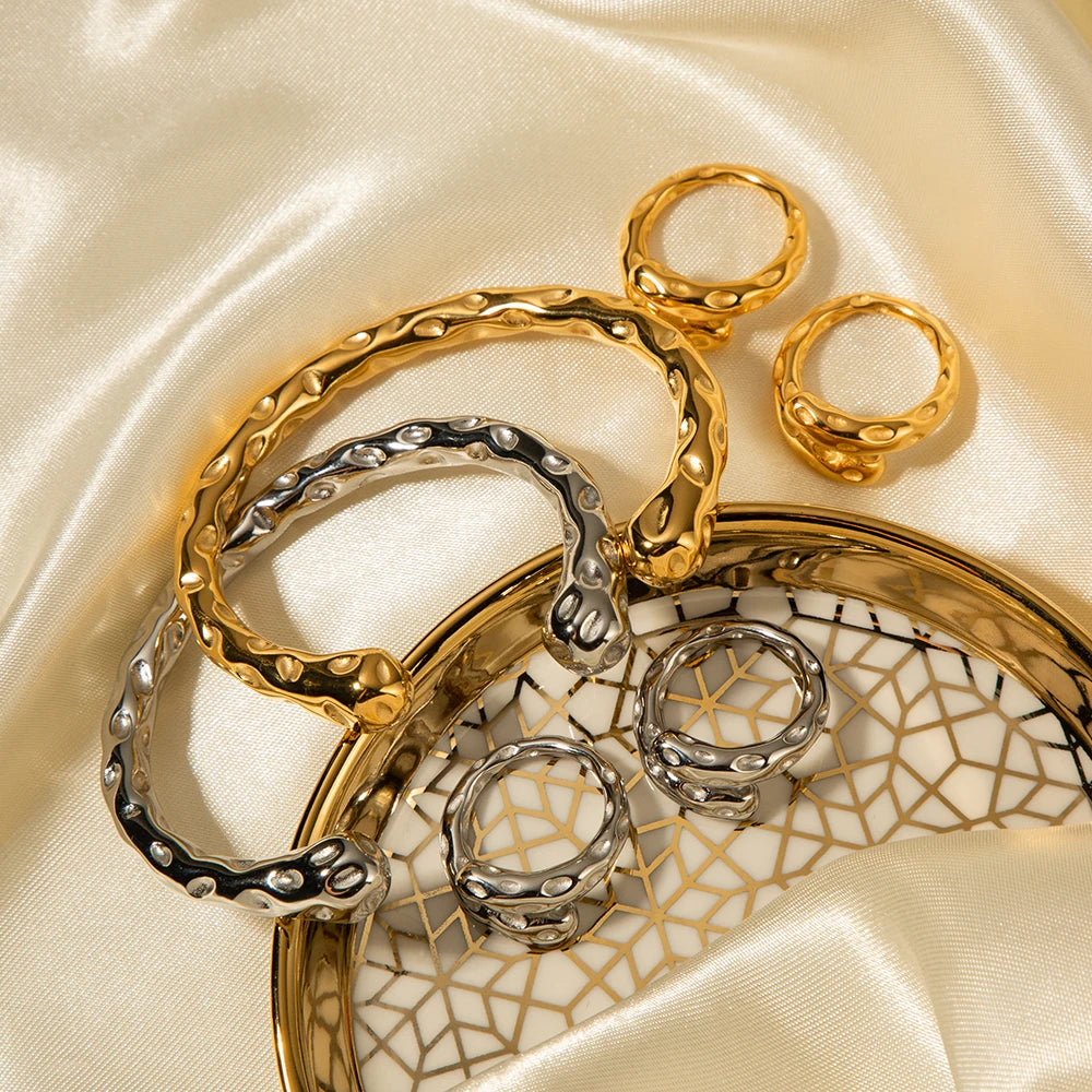 Asymmetry Sensuous Contemporary Statement Opening Ring Contours Bangle or Cuff Shape And Form Set Waterproof Jewelry Women