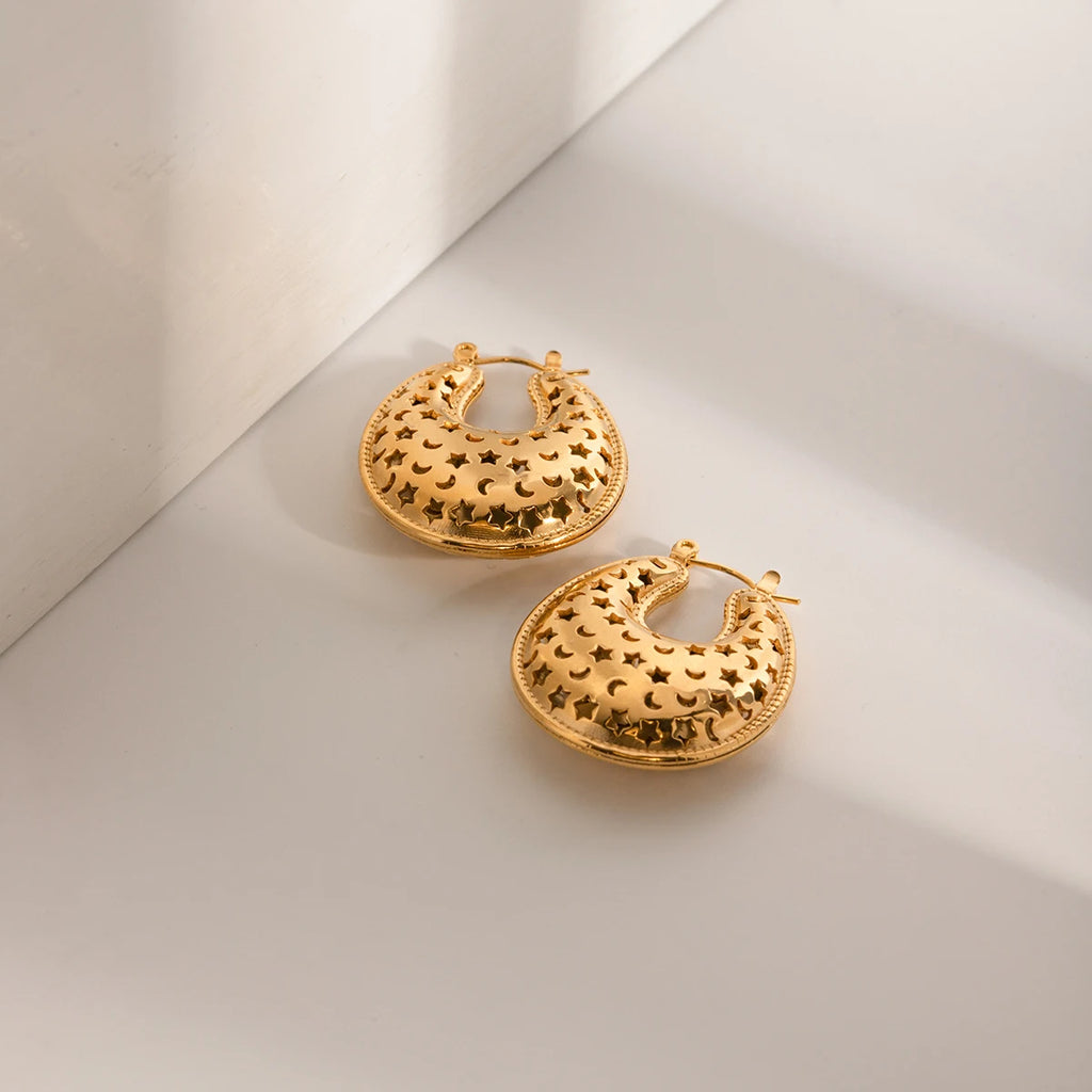 Rustfrit stål højkvalitets geometrisk retro stjernemåne med hule bøjler øreringe 18K guldbelagte kvinder charme mode smykker