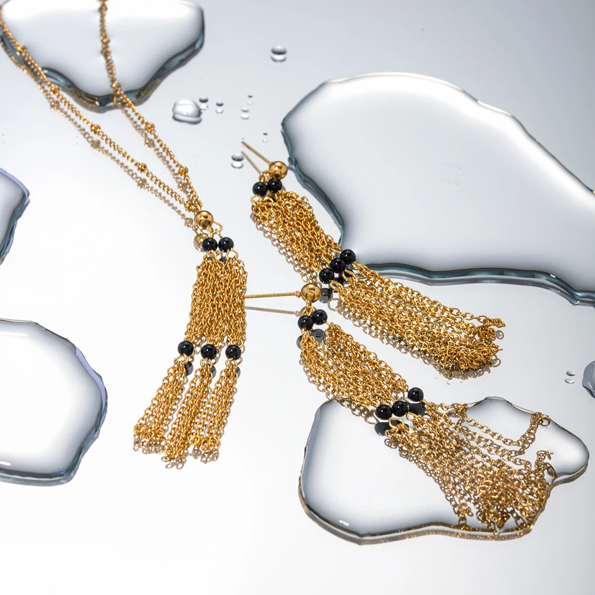 Stainless Steel  Designer Style Natural Stone Fringe Earrings/Pendant Necklace 18K Gold Plated Prevent Allergy Statement Jewelry