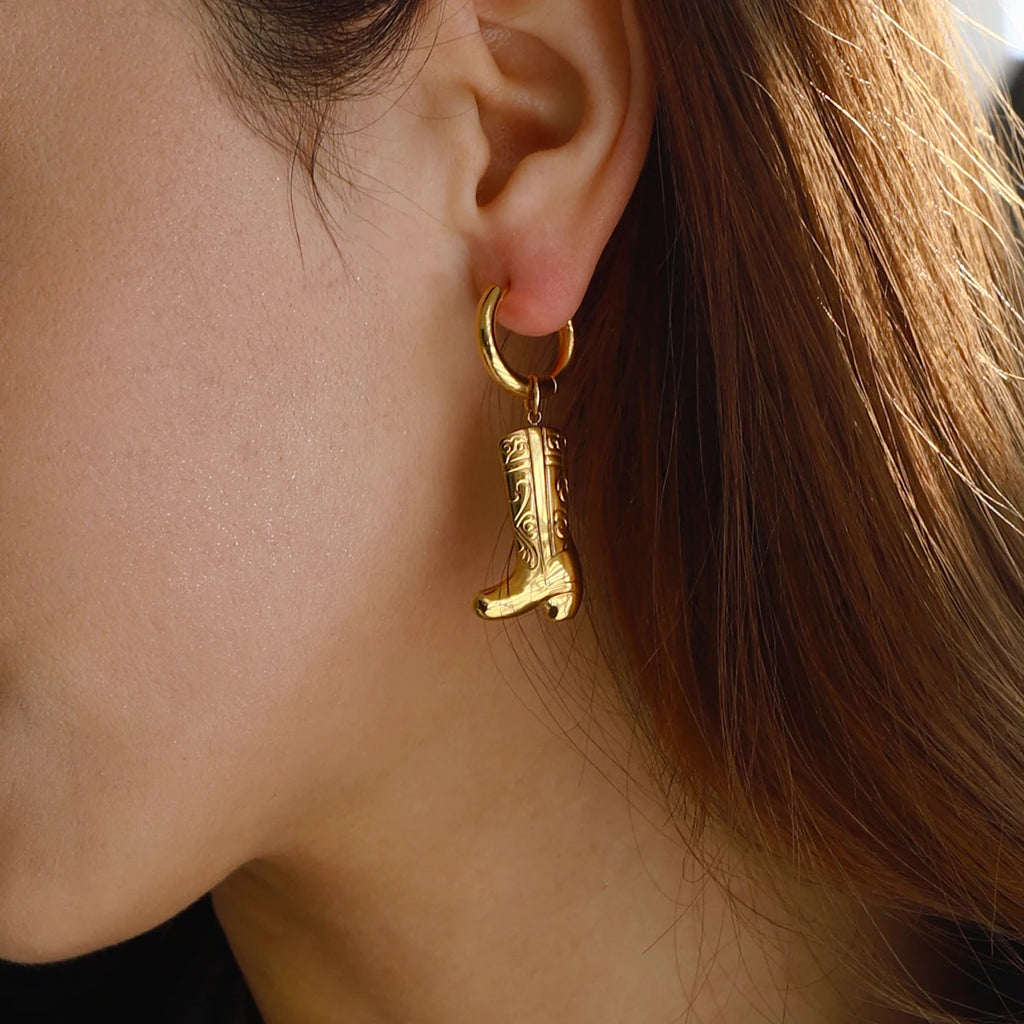 Minimalist 18k Gold Plated Stainless Steel Boot Patterned Pendants Hoop Earrings Women Anti Allergic Rust Jewelry