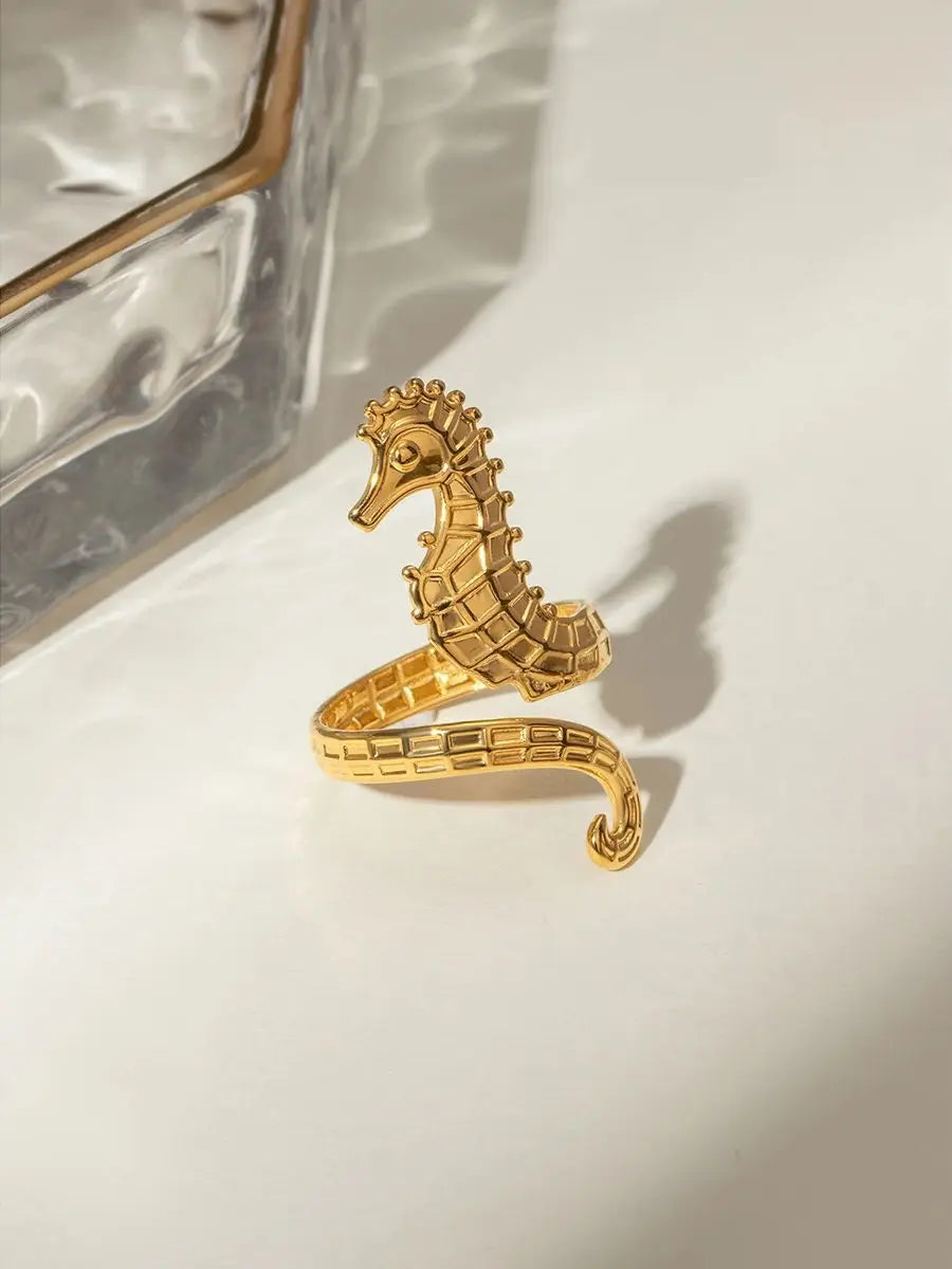 Trendy 18k Stainless Steel Seahorse Shape Ring Necklace Earrings Women Statement Charm Texture Rust Proof Trendy Jewelry Gift