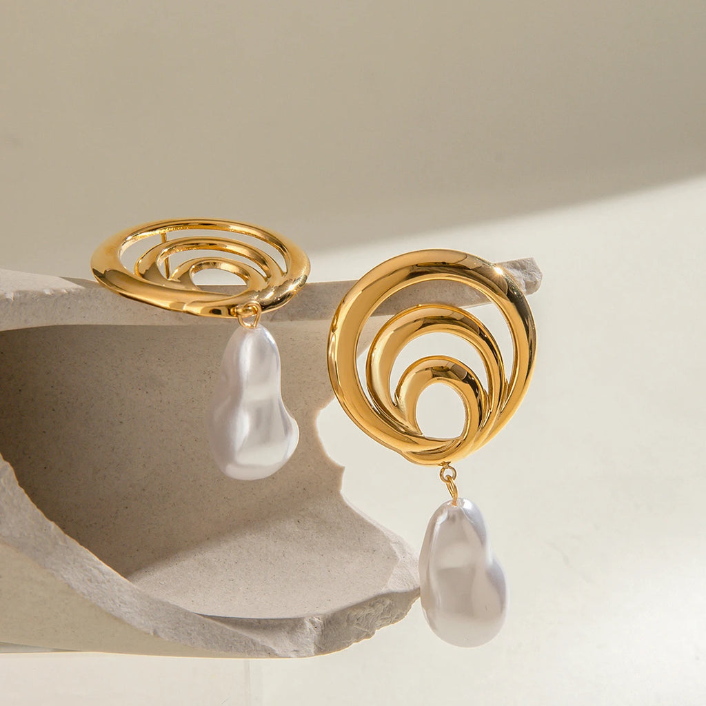 18K Edelstahl wasserdichte Spiraldesign hohle Perlenanhänger Ohrringe Damen trendiger Charme Metall schick Statement Schmuck