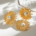 Minimalistisk 18K rustfrit stål imiteret skal Perlehammer Korntekstur Blomsterøreringe Ring Dame Rustfast Trendy smykker