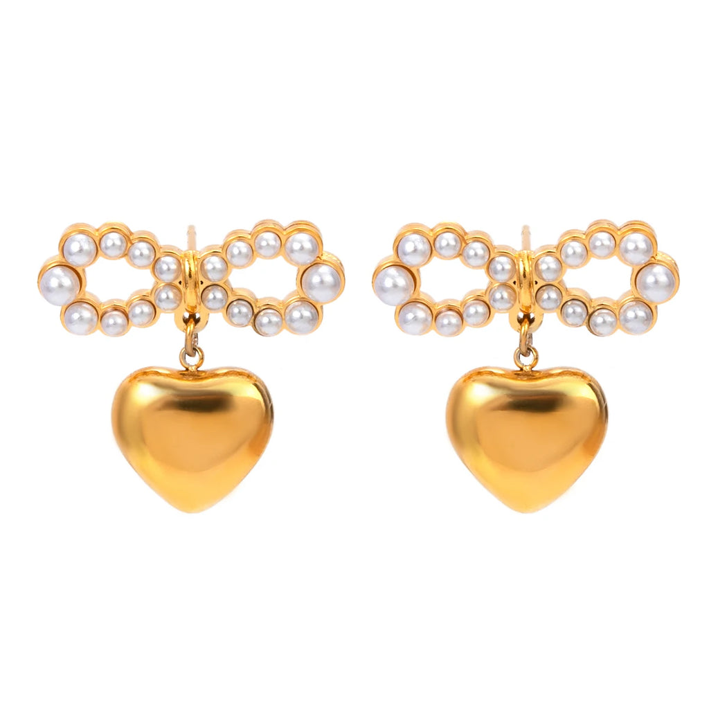 Pendientes colgantes de corazón de amor con lazo de perla de acero inoxidable chapado en PVD de 18K ligero y acogedor, joyería premium de moda para mujer