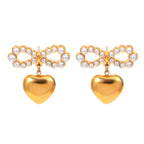 Pendientes colgantes de corazón de amor con lazo de perla de acero inoxidable chapado en PVD de 18K ligero y acogedor, joyería premium de moda para mujer