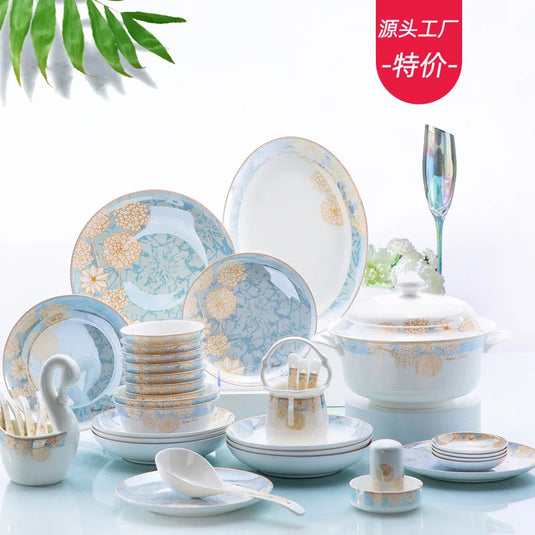 Bols et assiettes de luxe modernes Vaisselle en céramique Jingdezhen, ensemble de bols et d'assiettes à bordure dorée, ménage