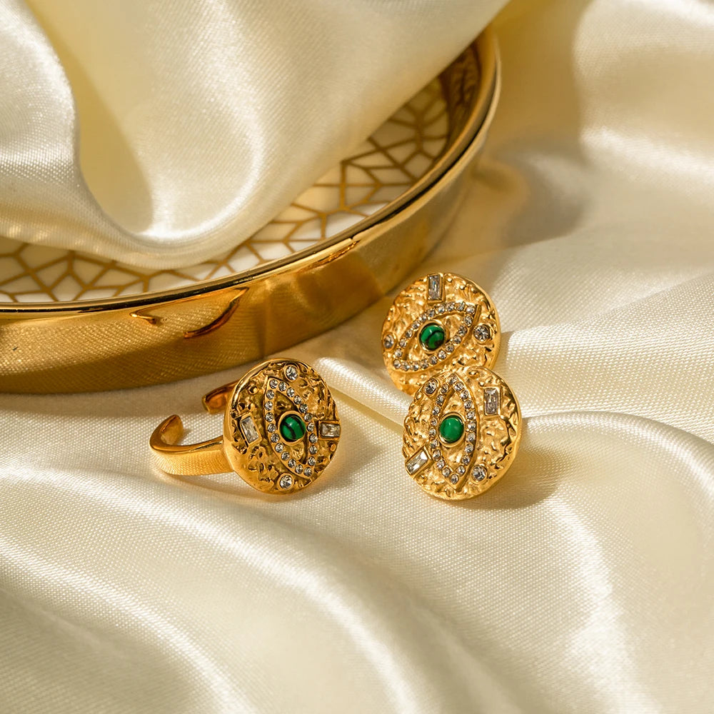 Roestvrij staal 18K goud vergulde malachiet inleg met duivels oog vorm ring oorbel set vrouwen vinger oor verkleuring vrije sieraden