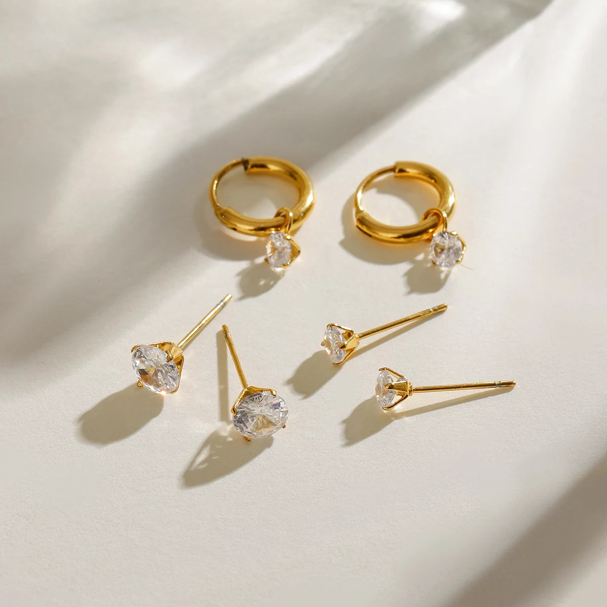 3 Pairs Per Card Stainless Steel White Zircon With Plain Circle Hoop Earrings 18K PVD Plated Anti Allergic Rust Proof Jewelry