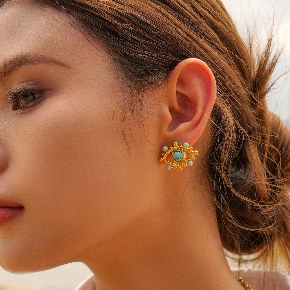 Roestvrij Staal Waterdicht Licht Luxe 18K Goud Vergulde Duivels Oog Oorknopjes Ingelegd Natuurlijke Steen Voor Dames Oor Sieraden