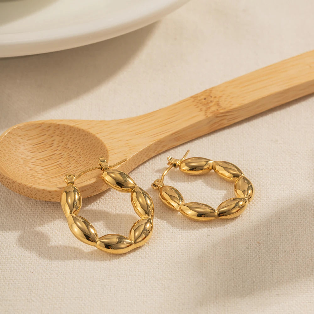 Personality Vintage C-shaped Stainless Steel Seed Bead Hoop Earrings For Women Geometric Waterproof Jewelry Gift