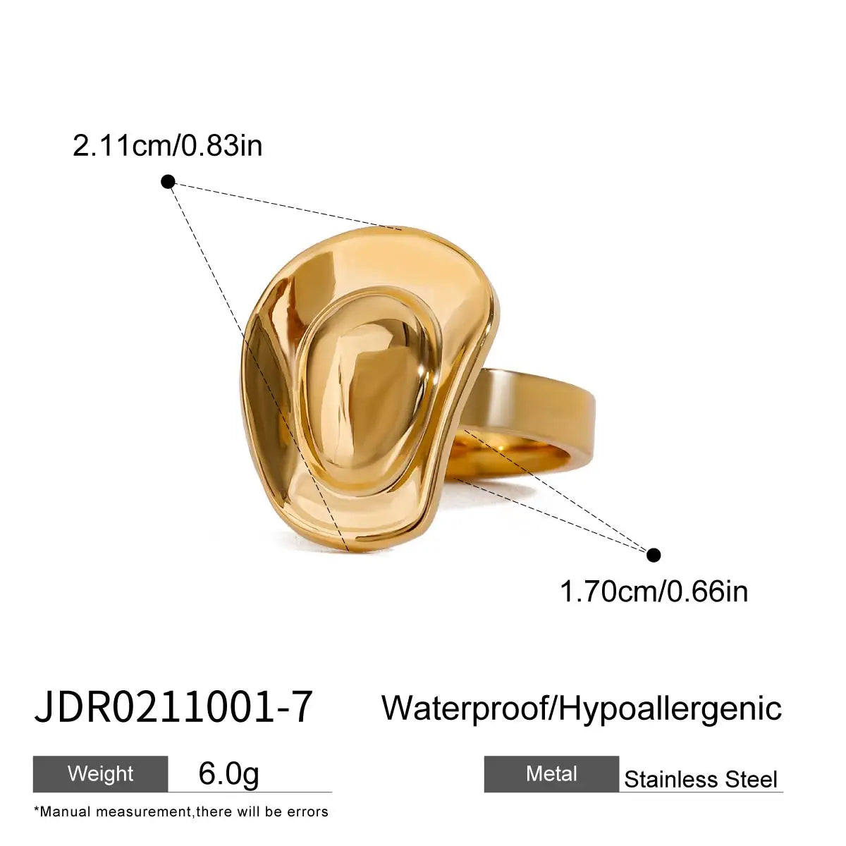 Taille 7 Bague en acier inoxydable géométrique lisse design chapeau étanche minimaliste plaqué PVD 18k charme métal femme bijoux chic