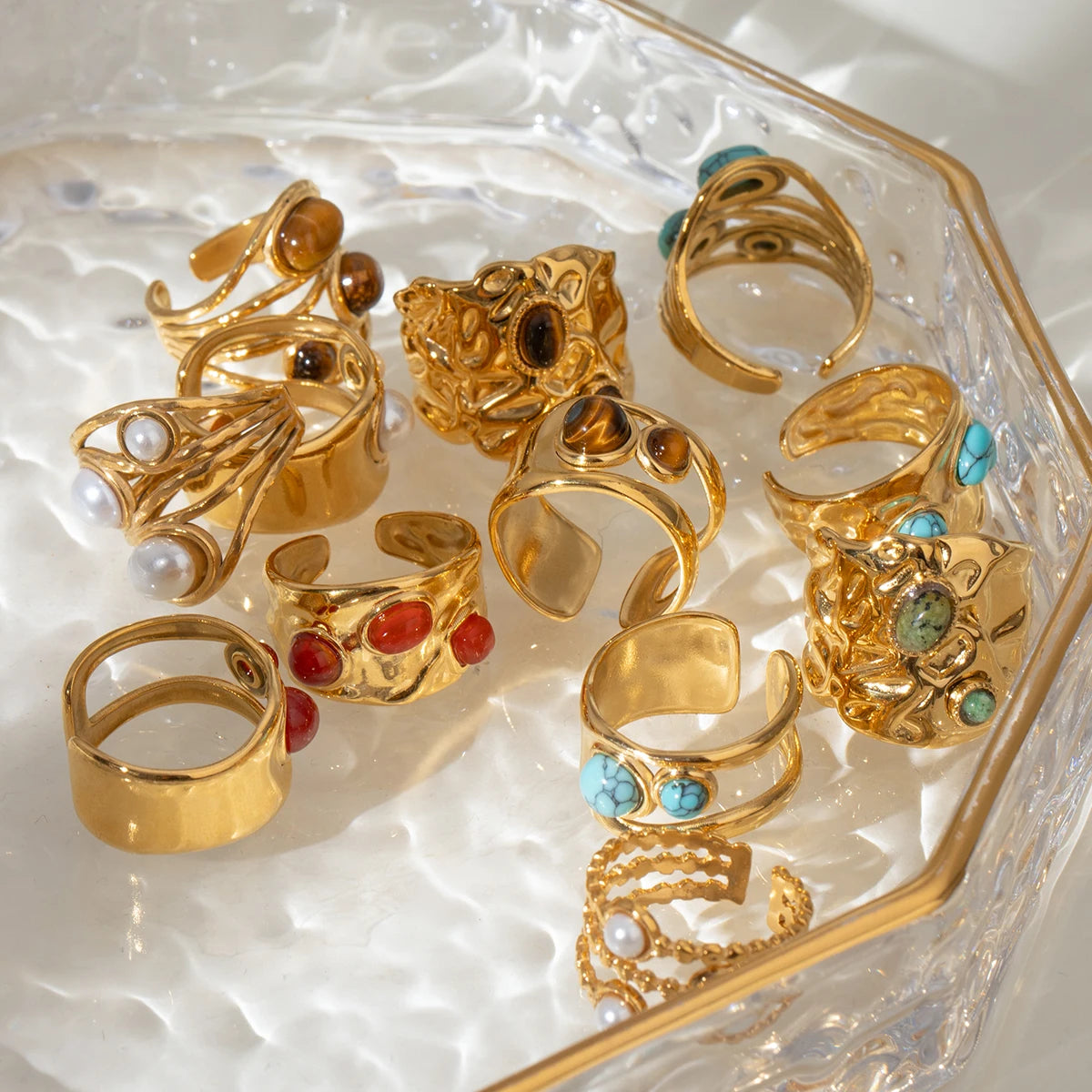 Креативное кольцо из нержавеющей стали с геометрическим круглым гладким отверстием, инкрустация агатом, позолоченное 18К, женское, антиаллергенное, модное украшение