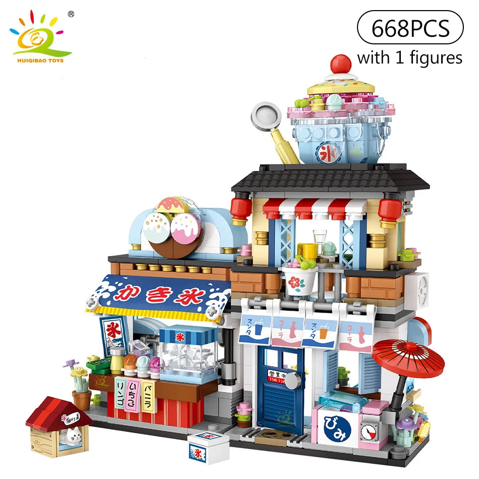 HUIQIBAO City Mini Chinese Street View Grocery Store Meat Shop Building Blocks Japanese Food  Ice Shop Figures Bricks Toys Child