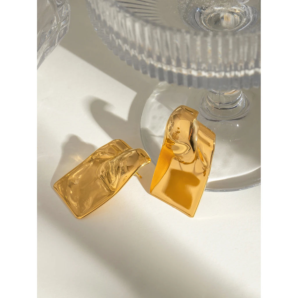 18K Gold Plated Anti Allergic Stainless Steel Long Convex Square Glossy Earrings Charm Daily Exquisite Jewelry Bijoux Femme
