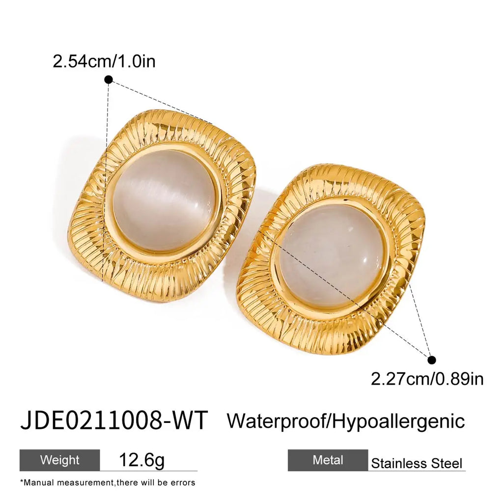 Kreative 18k vergoldete Edelstahl-Ohrstecker mit geripptem quadratischem Katzenaugenstein für Damen, personalisiert, rostfrei, stilvoller Schmuck