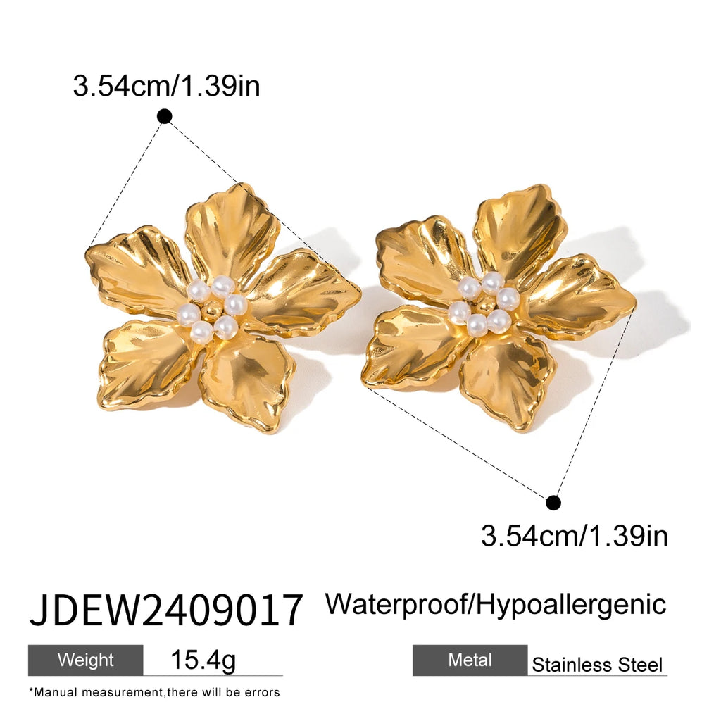 Trendy 18k Stainless Steel Vintage Imitation Shell Bead Flower Texture Earrings Women Statement Texture Rust Proof Jewelry