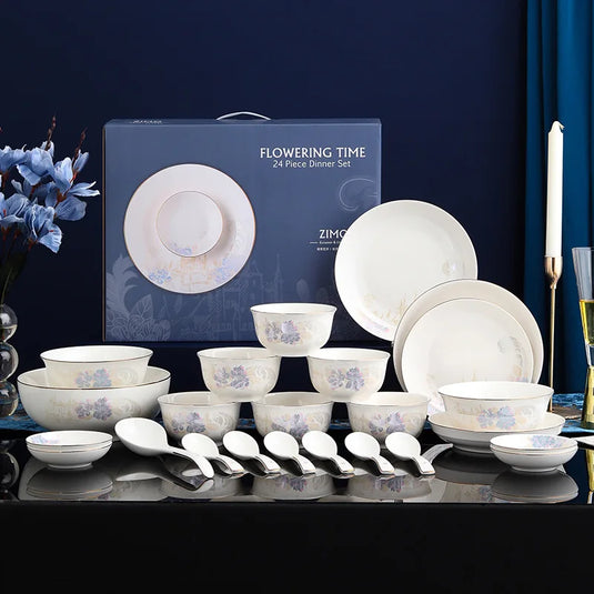 Zimo Flower Phnom Penh Bone Porcelain Tableware, Household Light Luxury Ceramic Bowl and Spoon Set, Bowl and Plate Combination