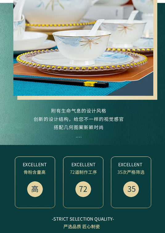 Jingdezhen Bowl and Chopstick Combination, New Chinese Light Luxury Ceramic Tableware Bowl and Plate Set