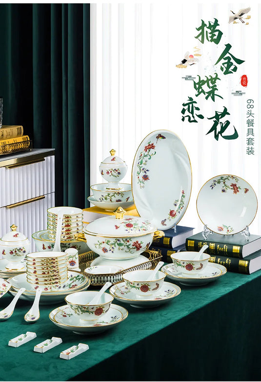 Ensemble de vaisselle de 68 pièces Ensemble de bols et plats Ensemble de 68 pièces Processus de dorure Floral Papillon Double Oreille Pot Assiette Cuillère Tasse à ragoût Ensemble combiné