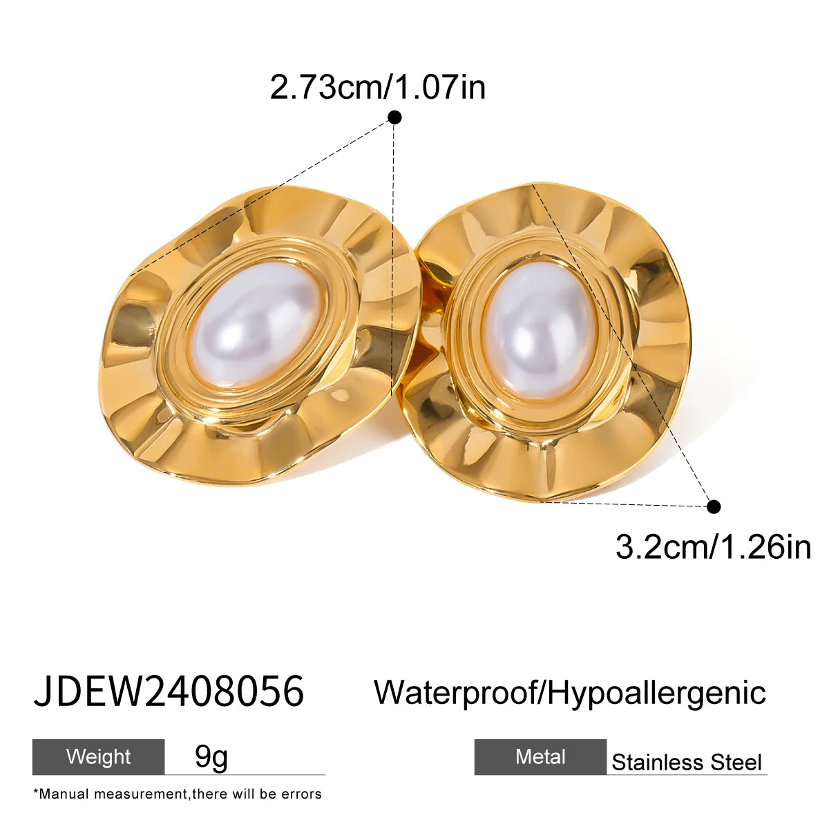 18Kゴールドメッキ 精巧な模造パール オーバル プリーツイヤリング 女性用 ステンレススチール ミニマリスト チャーム ネックレスジュエリー