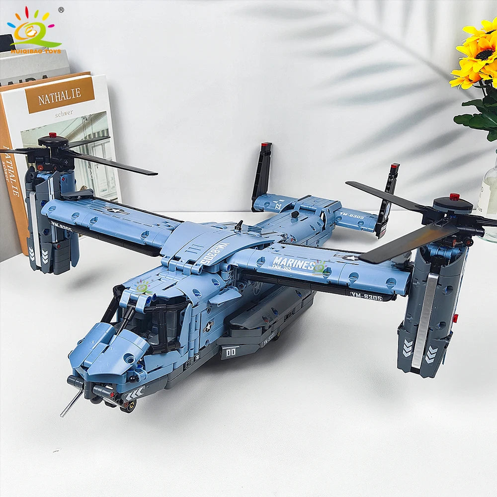 HUIQIBAO MOC 1389PCS V-22 Tiltrotor Aircraft Helicopter Building Block Children Military Airplane model Bricks Toy home Decor.
