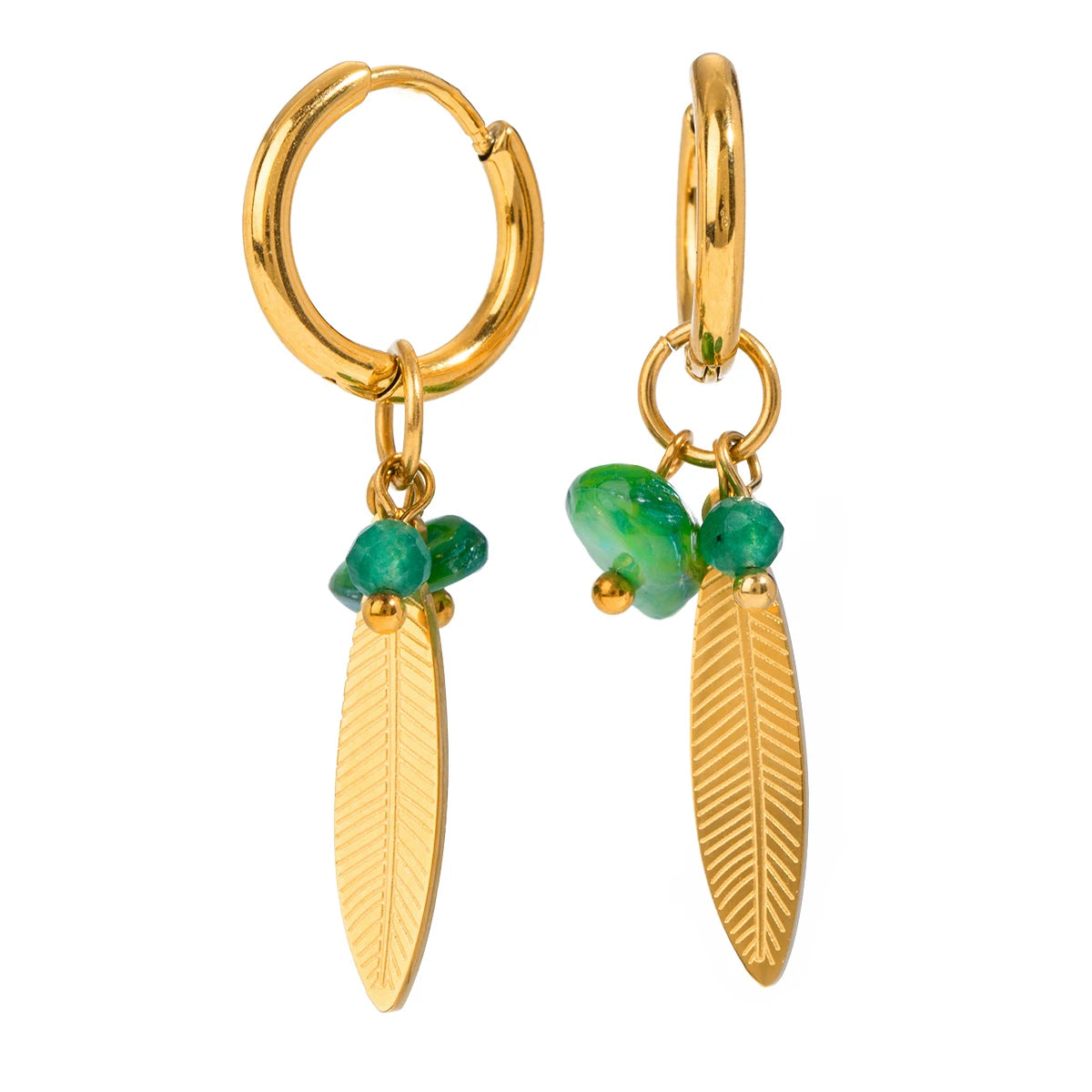 Natural Stone Leaf Feather Buckle Earrings Stainless Steel Metal 18K PVD Gold Plated Women Prevent Allergy Delicate Jewelry