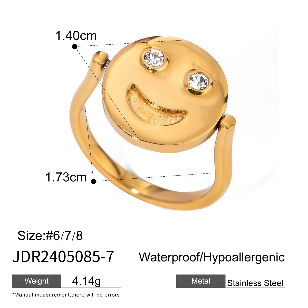 Bague minimaliste légère 18k confortable réversible ronde visage souriant taille 7 femme charme acier inoxydable étanche bijoux attrayants